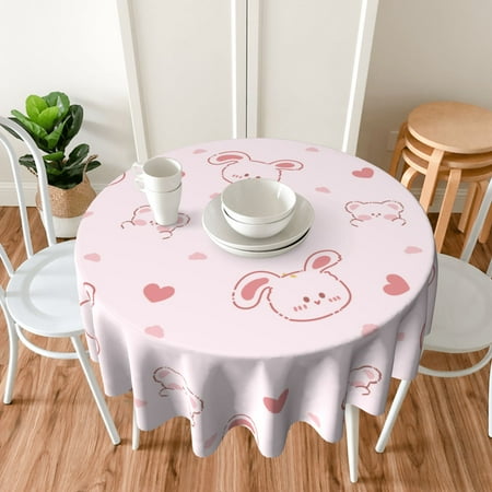 

TEQUAN 60 Round Tablecloth Pink Cartoon Bear Rabbit Pattern Washable Polyester Table Cloth Waterproof Wrinkle Resistant Decorative Table Cover