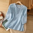 thumbnail image 2 of Dazajoo Women's Cotton Linen Button Short Sleeve Shirts Summer Loose Crew Neck Casual Boho Top Vintage Embroidered Blouse Tops,Blue,XXL, 2 of 9