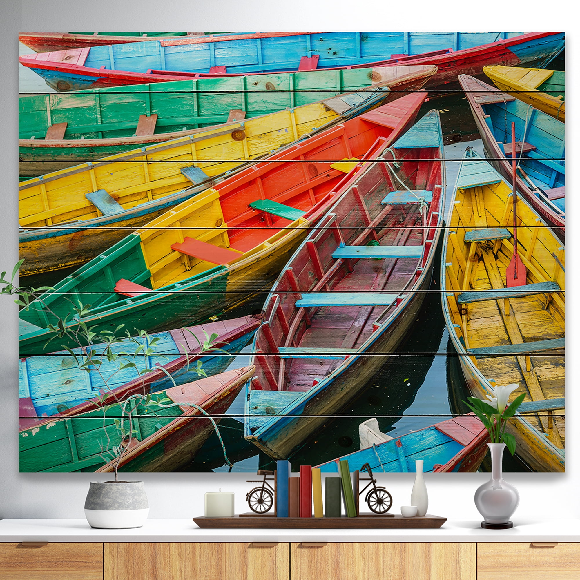 Designart 'Rowing Boats on the Lake in Pokhara' Boat Print on Natural Pine Wood
