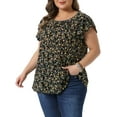 thumbnail image 4 of Agnes Orinda Women's Plus Size Floral Tops Pleated Front Crew Neck Tulip Sleeve Summer Dressy Blouse 2X Black, 4 of 6