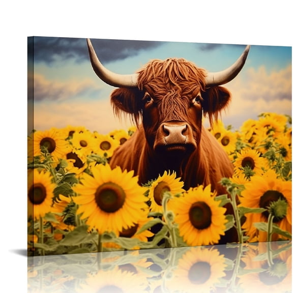 Creowell Funny Highland Cow Wall Art Country Animals Cow Canvas Prints Rustic Farmhouse Highland Cow with Sunflower Poster Wall Décor for Kitchen Bedroom Bathroom 20x16 in/16x12 in