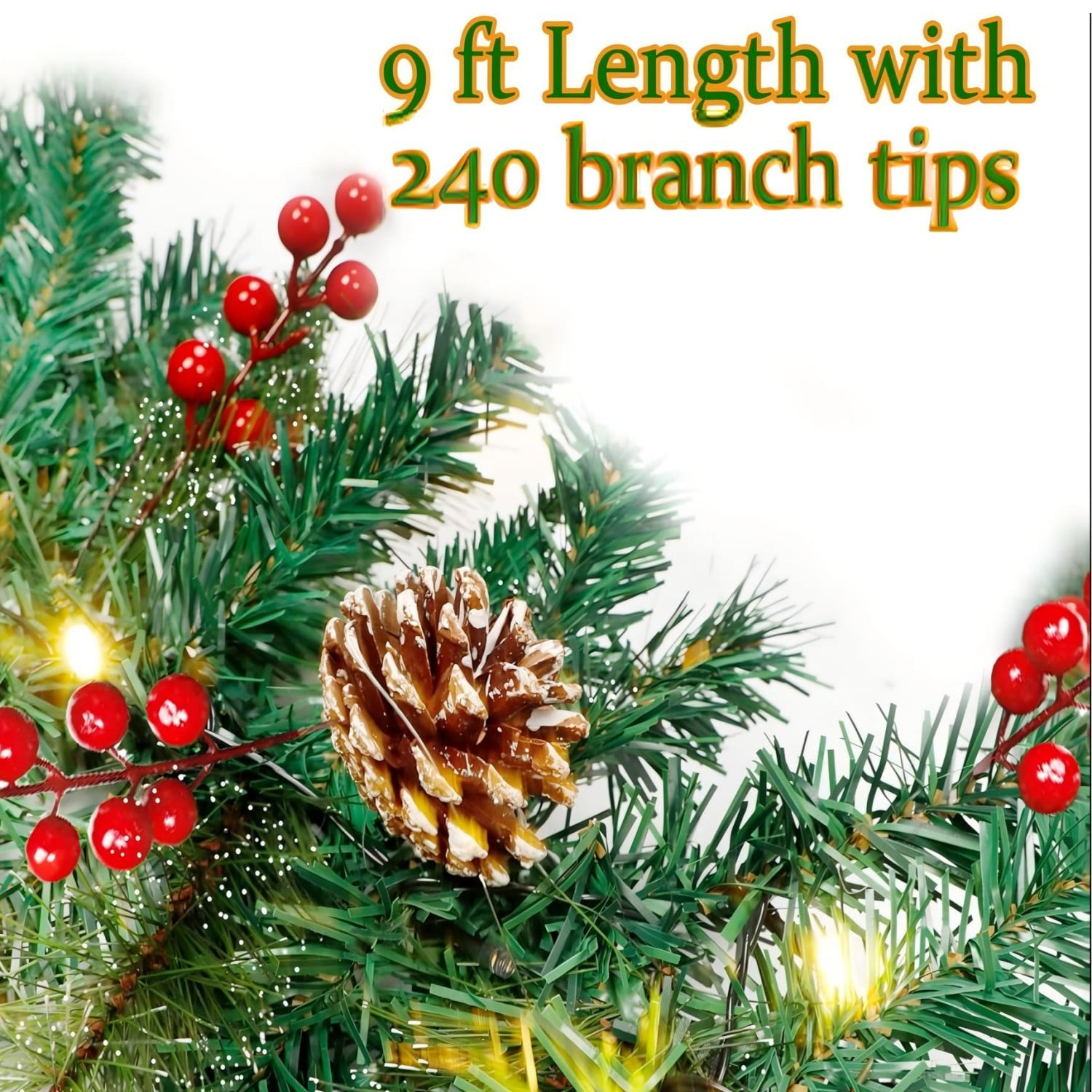 BN-LINK 9FT Christmas Garland with 8 Lighting Modes, Battery Operated Garland with Pine Cones Red Berries, 50 LED Lights & 240 Branch Tips, Christmas Decor for Indoor Outdoor Home