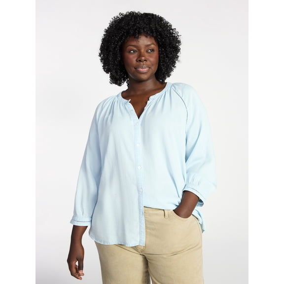Terra & Sky Women's Plus Size Button Blouse with 3/4-Length Sleeves, Sizes 0X-5X