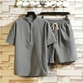 thumbnail image 2 of Two Piece Pants Sets Mens Two Piece Solid Cotton Linen Short Sleeve V Neck Tops and Shorts Set, 2 of 10