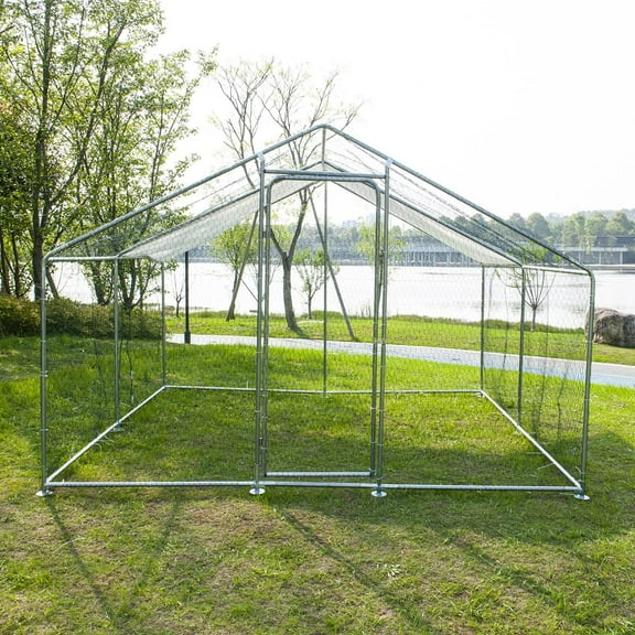 GOJOOASIS Large Metal Chicken Run, 10x10x6.6ft Spire-Top White Outdoor Chicken Pen Waterproof & Anti-UV Cover