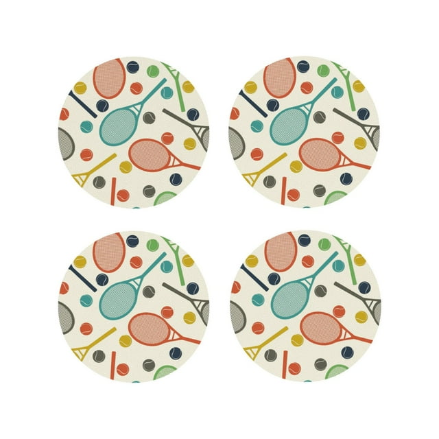 Cauagu Racket and Tennis Ball for Coasters for Drinks Leather Coasters Set of 4 for Coffee Table for Housewarming Kitchen Bar Decor-Round Shape