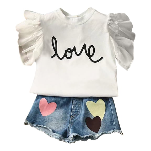 VUHXZWAF Girls Summer Clothes Set Ruffled Sleeve T Shirts Denim Shorts Kids 2 Piece Outfits Size 6-7 Years