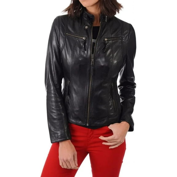Women Leather Jacket Coat Genuine Lambskin Pure Leather Black Biker Jacket W164