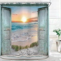 Ocean Beach Teal Barn Door Shower Curtain for Bathroom Decor 72Wx72H Hawaiian Sunset Scenery Sea Wave Retro Wood Rustic Nature Art Printed Fabric Polyester Waterproof 12 Pack Plastic Hooks