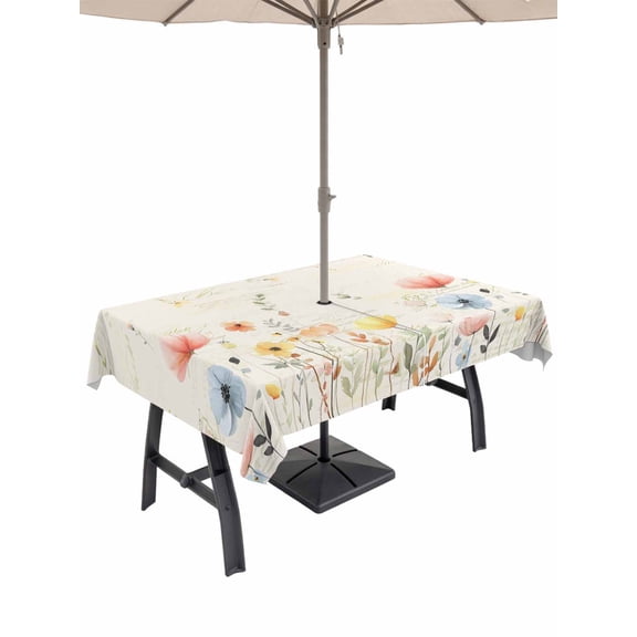 Outdoor Tablecloths with Umbrella Hole & Zipper, Watercolor Wildflowers Rectangle Tablecloth 60x120 Inch, Farmhouse Country Botanical Flowers Waterproof Table Cloth, Patio/Pool/Picnic Table Covers