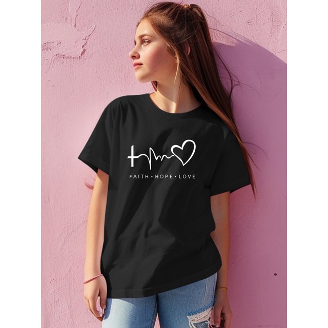 Vibrant Pink "Faith Hope Love" Graphic Tee for Girls - Soft & Stretchy Cotton, Crew Neck Short Sleeve Casual Summer Top with Heart Design, Girls Shirts