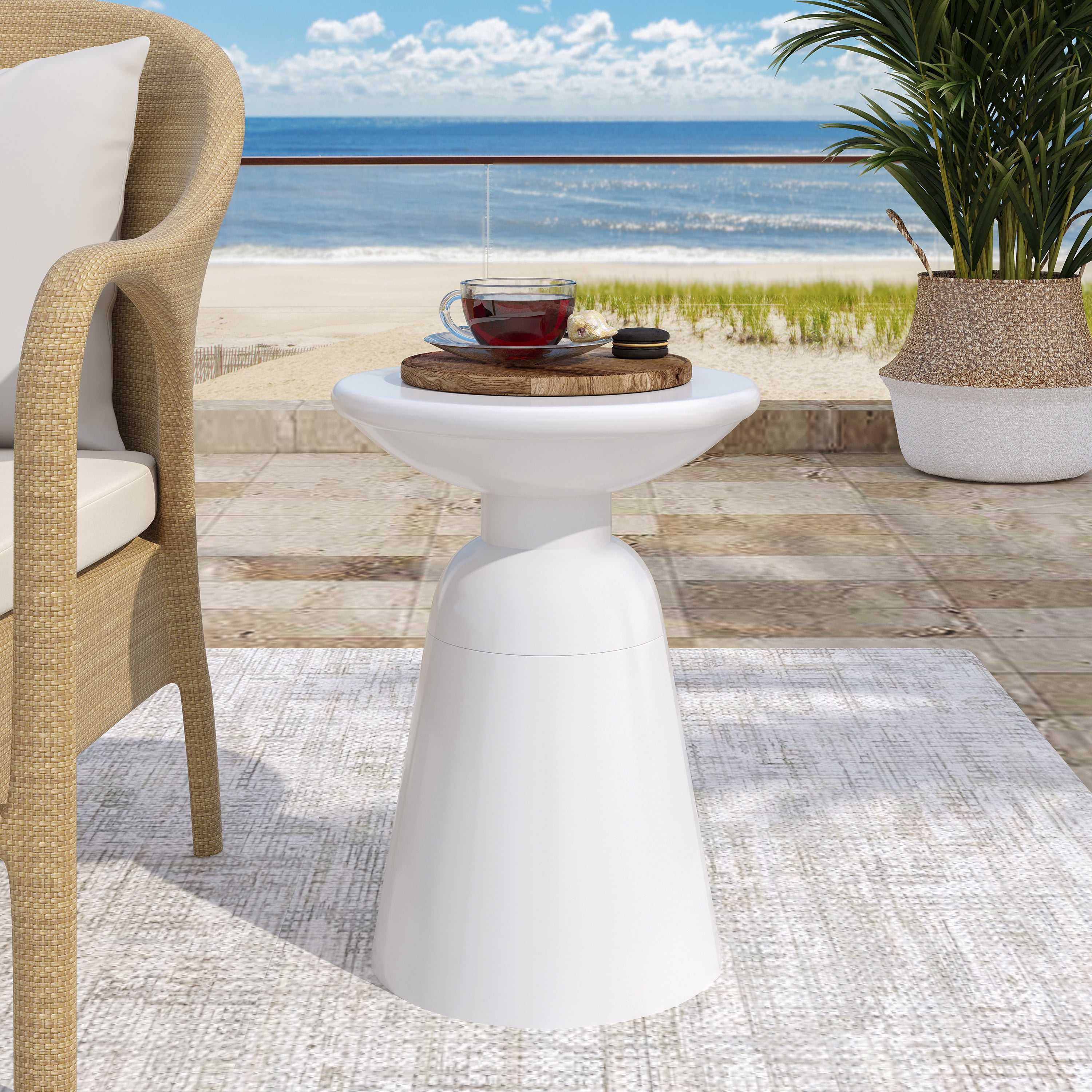 Outdoor Large Pedestal Side Table, Metal Frame Accent Table for Patio Garden, White