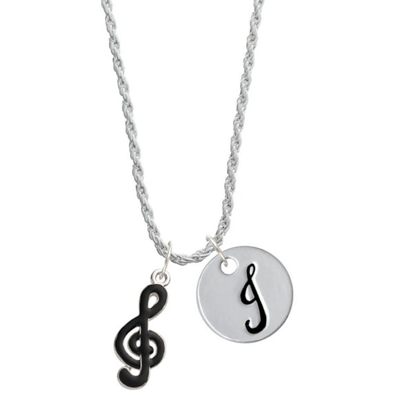 Delight Jewelry Silvertone Black Clef Silvertone Script Initial Disc - J - Charm Necklace, 20"+3"