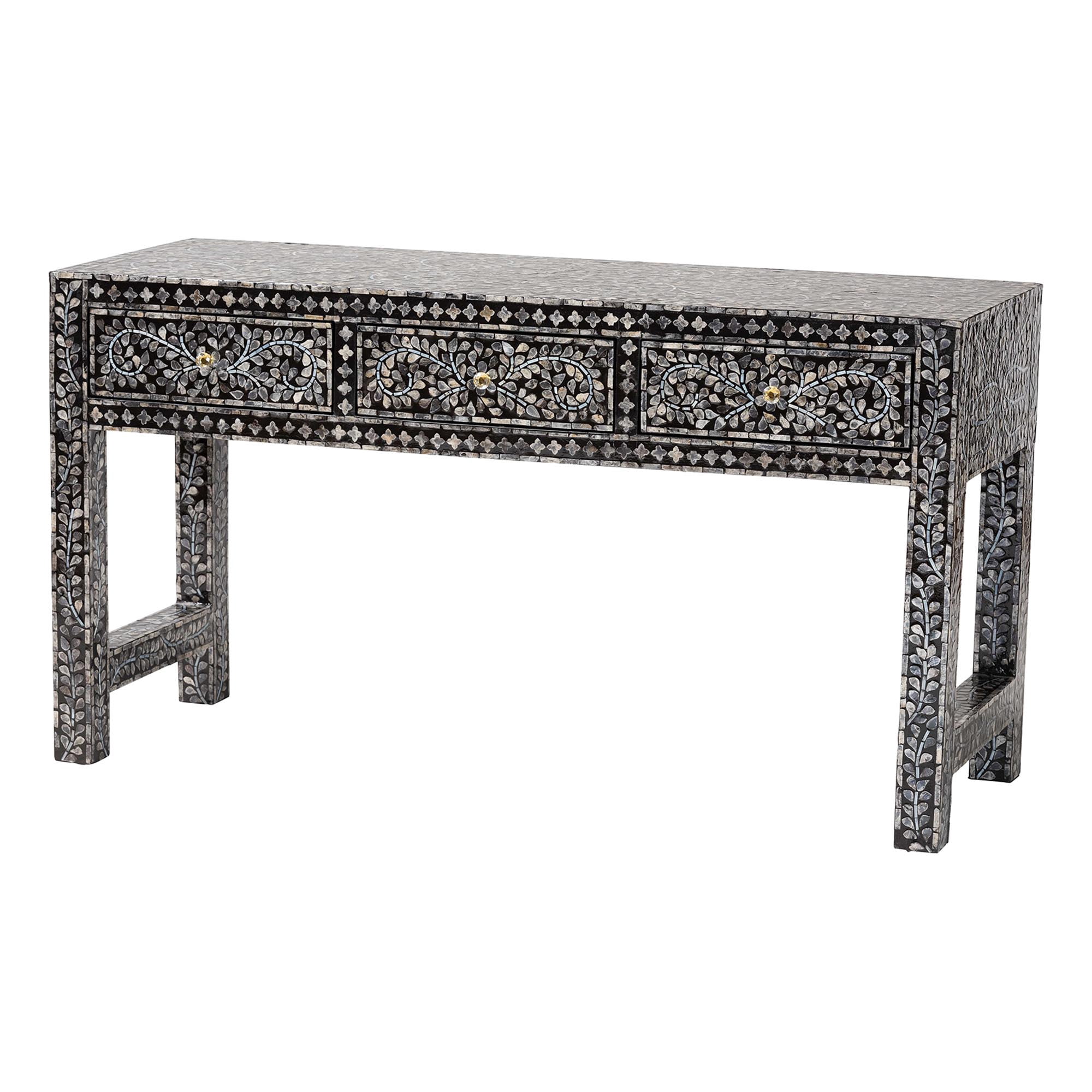 bali & pari Elara Coastal Console Table, 3-Drawer, Mosaic Black