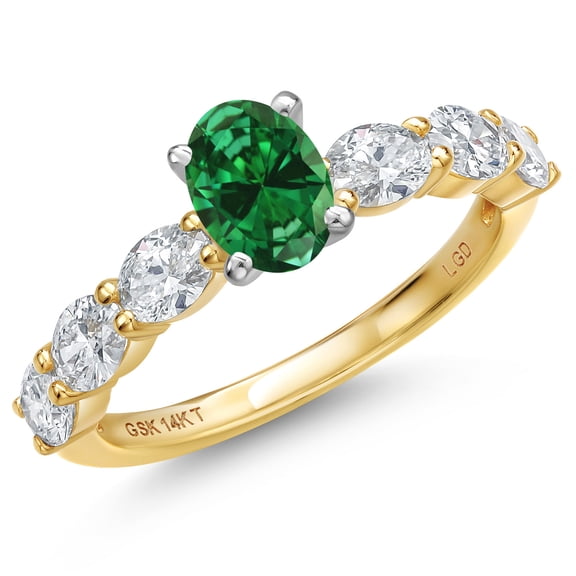 Gem Stone King 14K Two Tone Gold Green Created Emerald and Lab Grown Diamond Engagement Ring for Women | 1.25 Cttw | Oval 6X4MM | Gemstone May Birthstone | Size 6