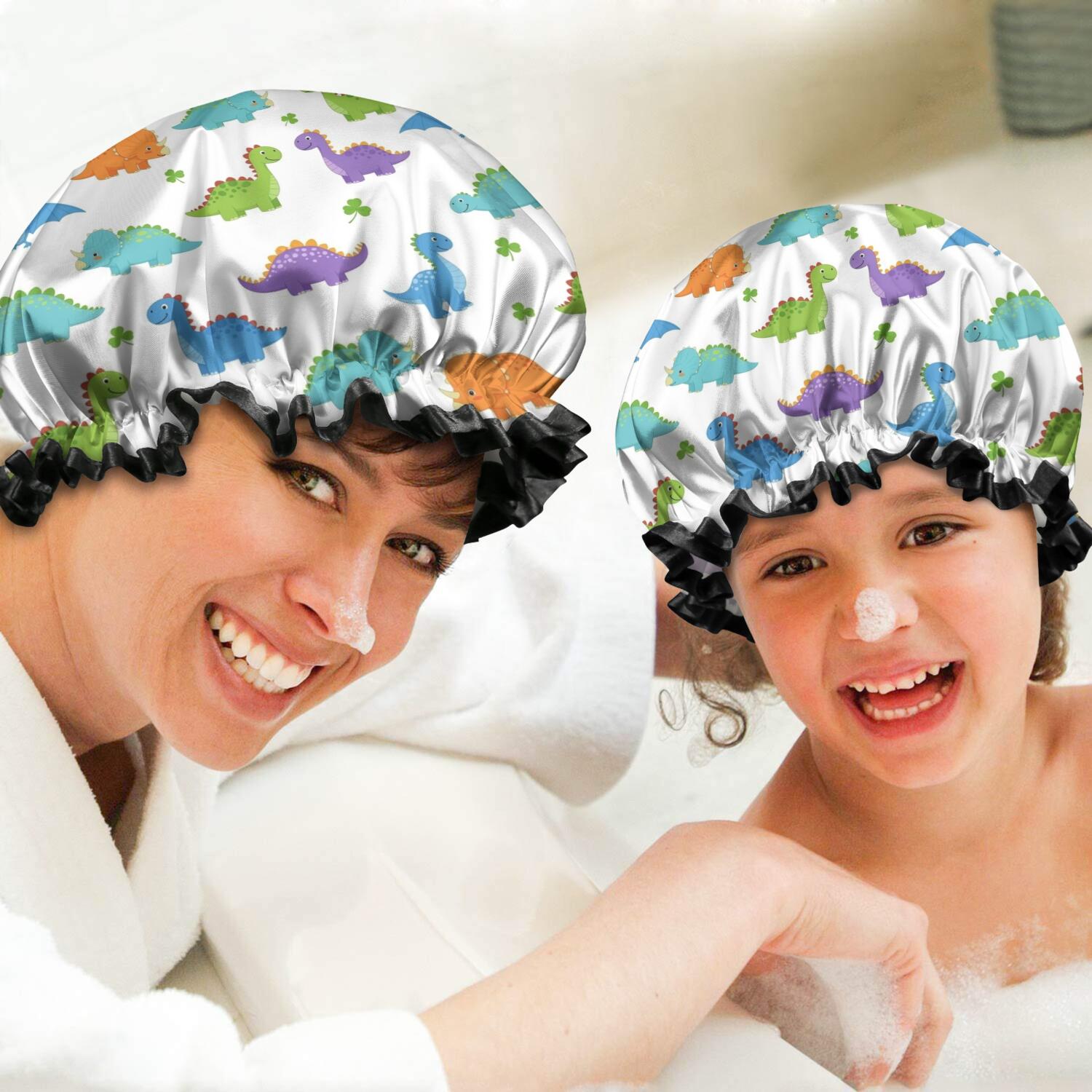 Shower Caps,White Colorful Dinosaurs Clovers Pattern Waterproof Shower Cap for Women 4 Pieces,Double Reusable Hair Cover for Shower PEVA Elastic Stretch Hem