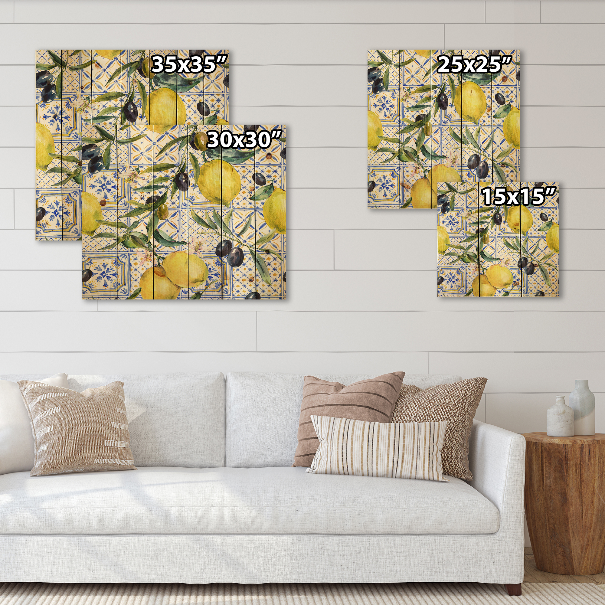 Designart 'Geometrical Pattern of Lemon Ornament On Blue III' Tropical Print on Natural Pine Wood