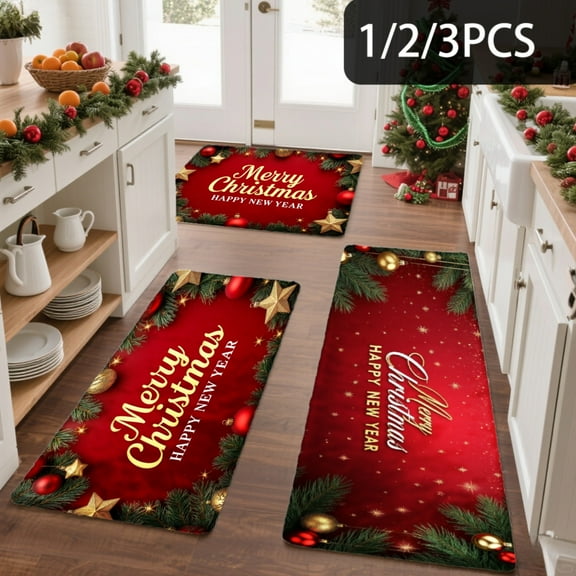 3PCS Kitchen Mat set, Welcome Door Flannel Rug,Home Decor for Front Door,Kitchen, Bathroom, Merry Christmas Happy New Year Stars And Pine Branches ,Great Thanksgiving