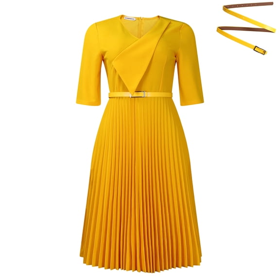 AURA Women’s Pleated A-Line Midi Dress V-Neck Short Sleeve High Waist With Belt S-XXXL