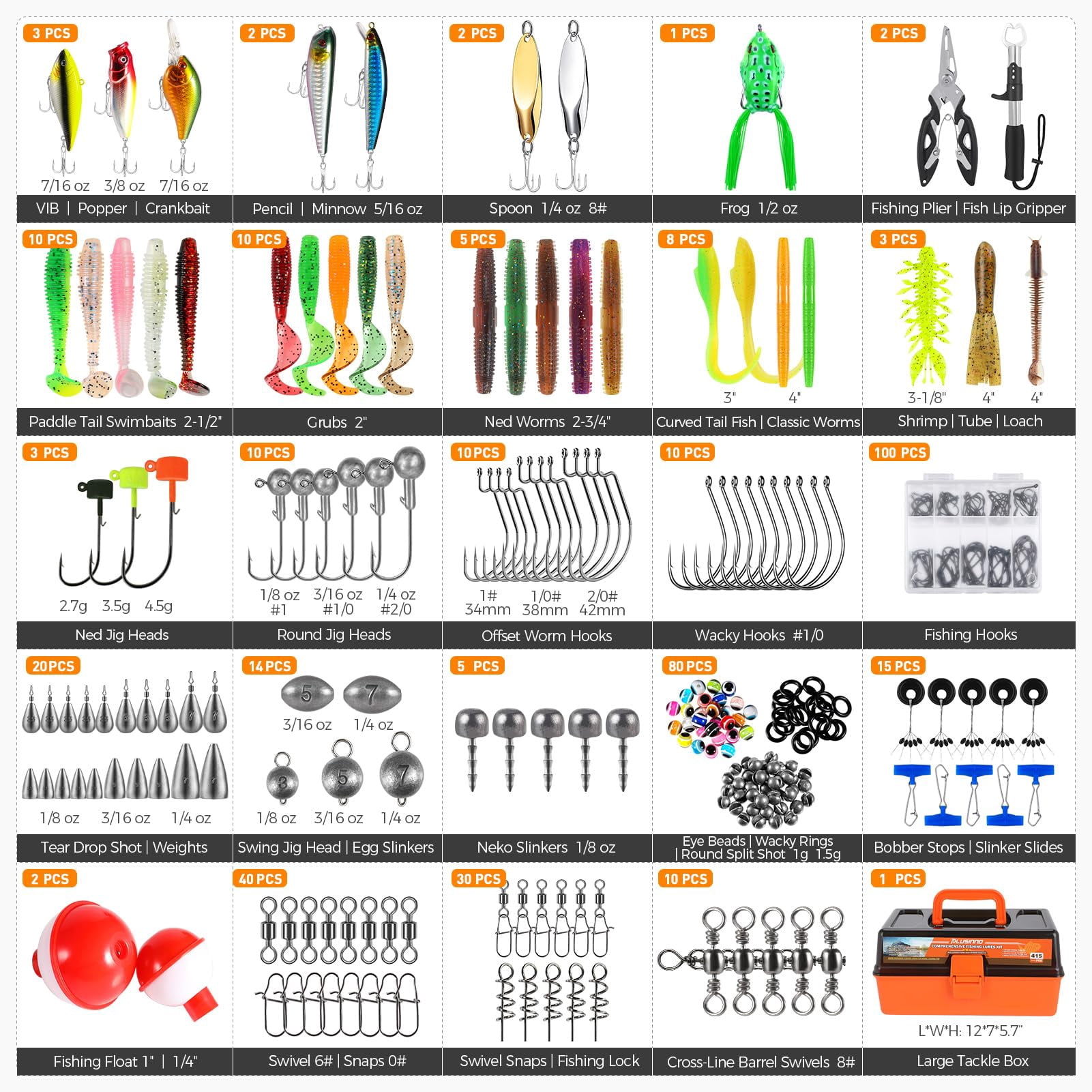 Large 3 Layers Fishing Tackle Box With Included  415pcs Lures Kit Contains Pliers Crankbait Hooks Weights & Accessories Gear Gifts For Men Starter Kits Bass Trout