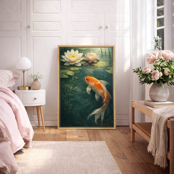 Framed Canvas Print Koi Fish Wall Art Chinese Style Decorative for Living Room Bedroom - 16"x24" NATURAL