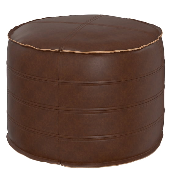 Simpli Home Brody Boho Round Pouf in Distressed Dark Brown Faux Leather