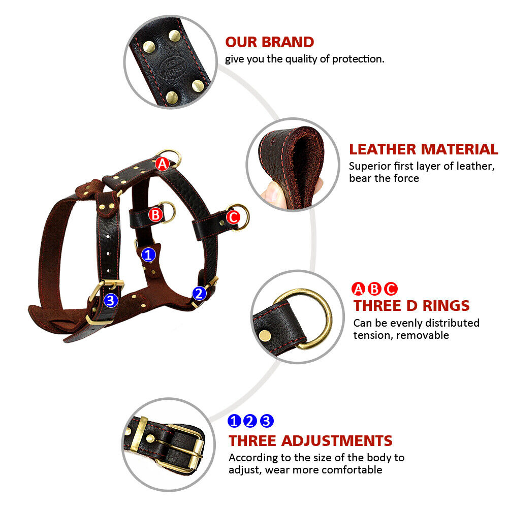 Pet Artist Real Genuine Leather Dog Harnesses Heavy Duty Adjustable for Pitbull Rottweiler