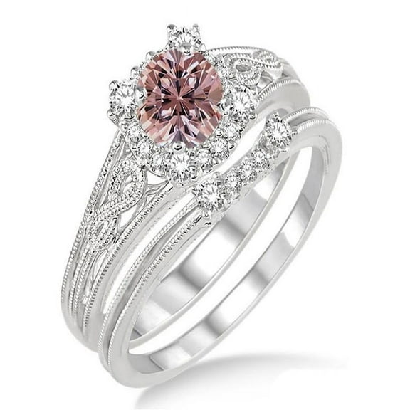 1.25 Carat Morganite & Diamond Vintage halo floral Bridal Set Engagement Ring on 10k White Gold