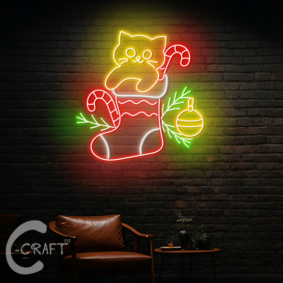 C-CRAFT Cat In Christmas Stock Neon Led Light Up 23 inch for Cat Clinic Bedroom Decor