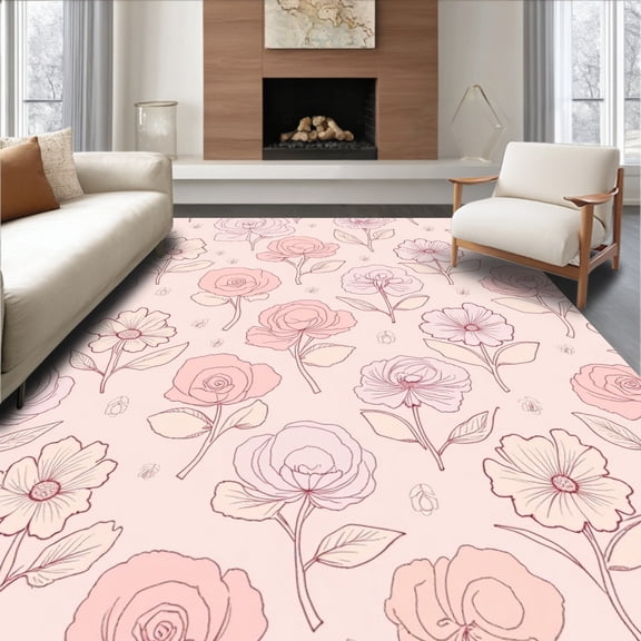 ODIKA 8'x8' Machine Washable Non-Slip Area Rug, Whimsical Floral Bloom Vintage Inspired High Traffic Rug, Pink, 239965