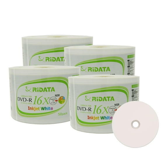 200 Pack Ridata DVD-R 16X 4.7GB 120 Min White Inkjet Hub Printable Blank Data Video Media Recordable Disc