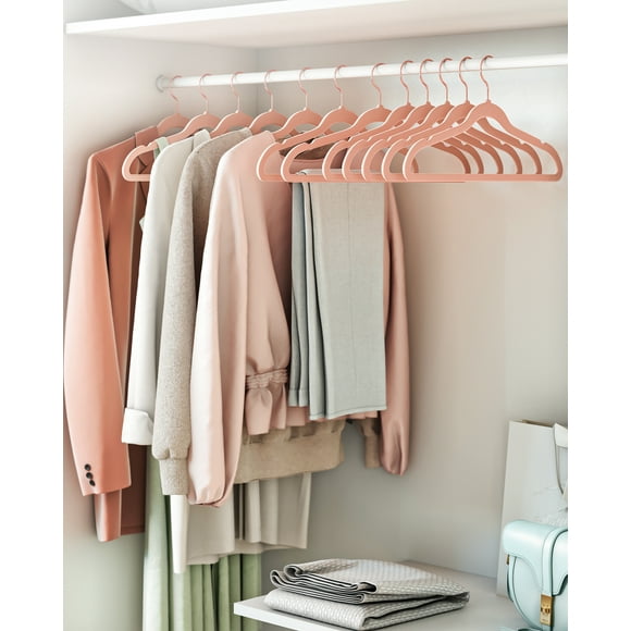 SONGMICS Juego de 50 Perchas de Terciopelo, 41.5 cm de Largo, con Ganchos Giratorios de 360°, para Camisas de Abrigo Completas, Rosa