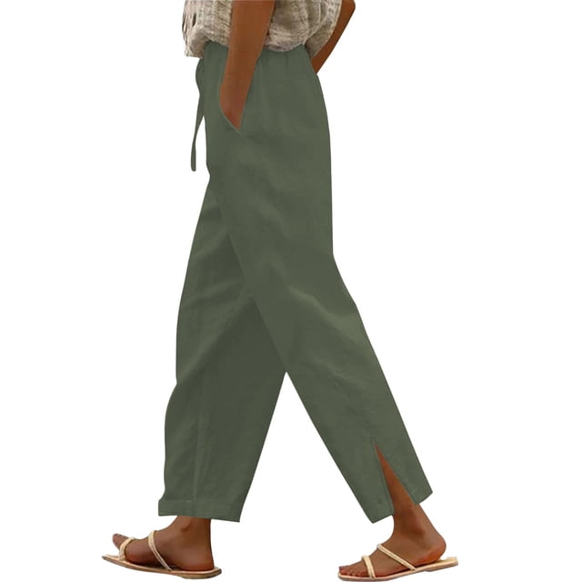 FNFYFH Clearance Cotton Linen Pants for Women Drawstring Elastic Waisted Pant with Pockets Solid Trousers,Beige