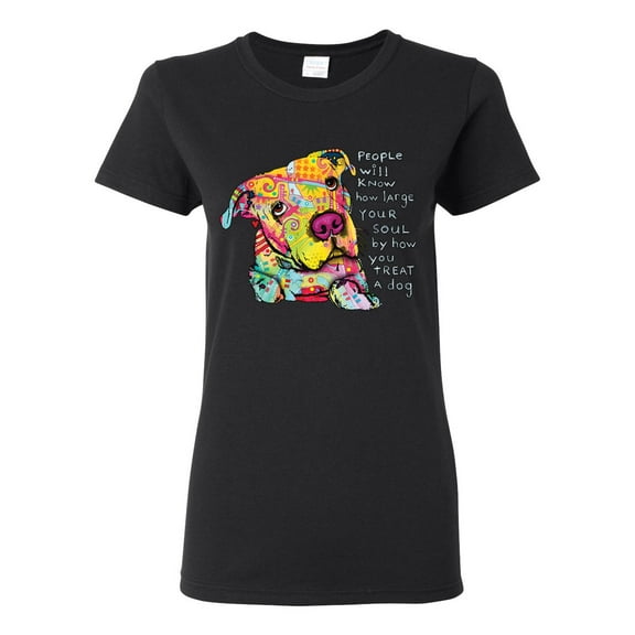 Colorful Pitbul | People Will Know How Large Your Soul | Dean Russo Art Animal Lover Womens T-Shirt, Black, Small