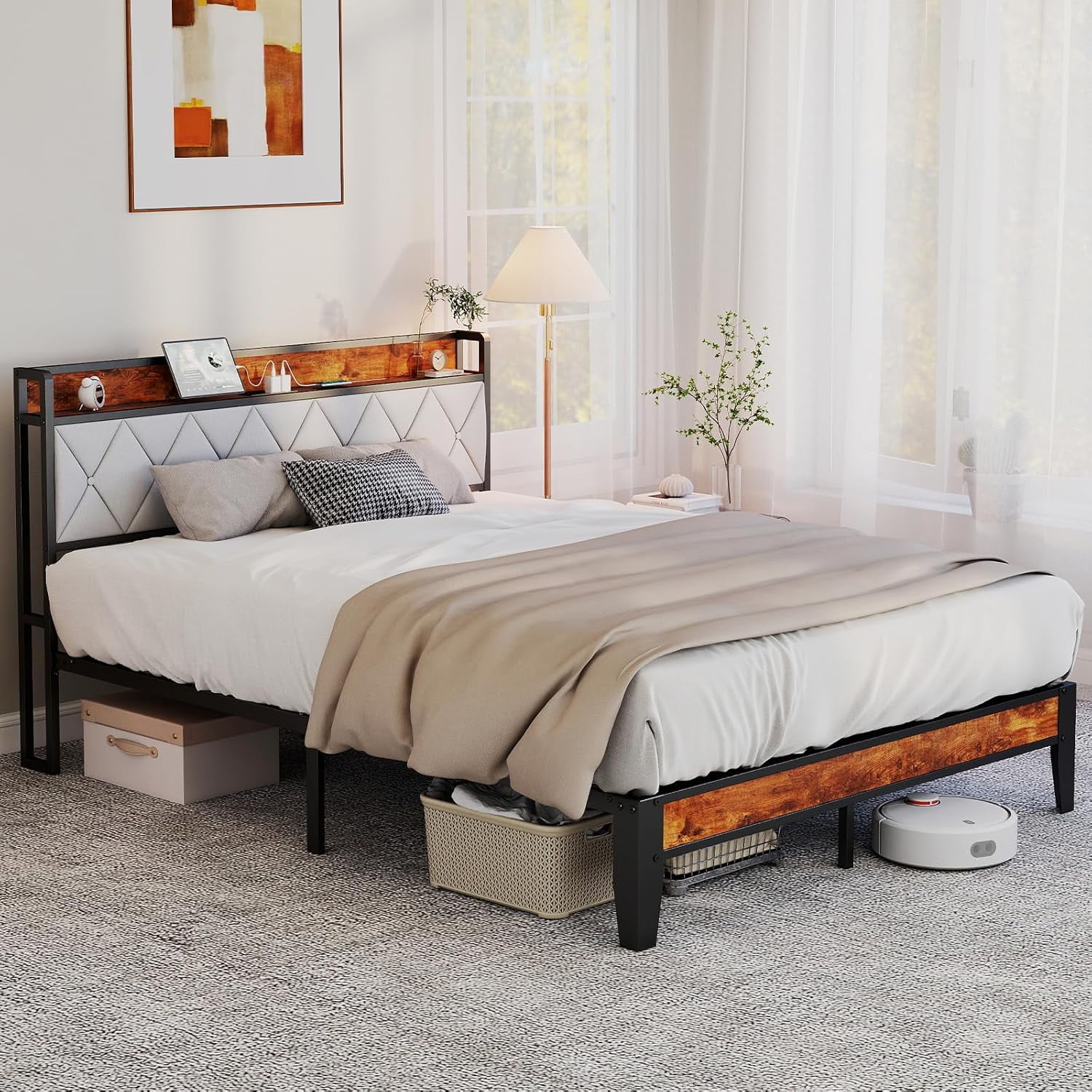 Queen Size Bed Frame, Bed with Headboard, 800LBS Heavy Duty Mattress Foundation with Steel Slats Support (No Box Spring Needed)