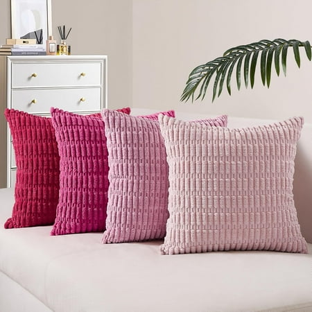 

Valentines Day Throw Pillows Covers 16x16 Set of 2 - Hot Pink Striped Corduroy Farmhouse Rustic Pillowcase - Boho Square Cushion Case for Couch Bed Living Room