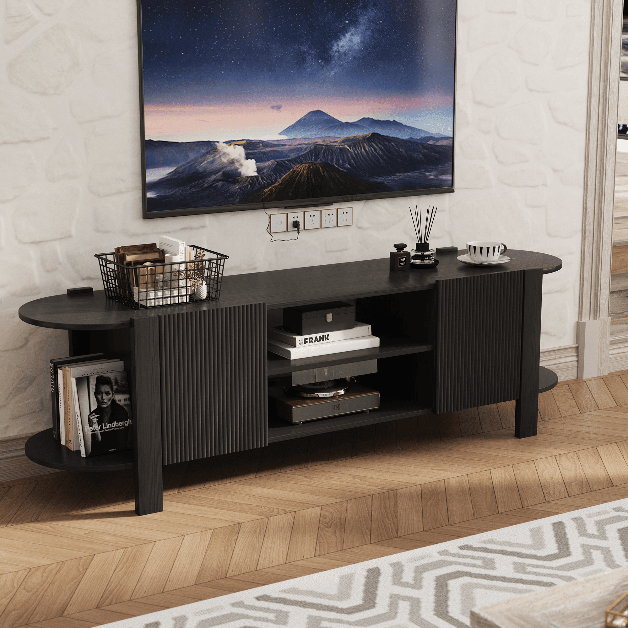 ZOSQUARE 65 inch TV Stand for TVs up to 75", Black Entertainment Center with Fluted Doors and Open Shelves, Wood TV Console with Rounded Edges for Living Room