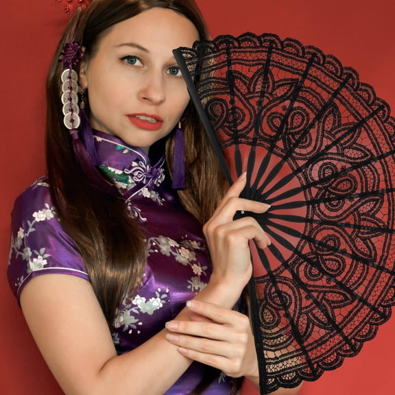 TABLZONE Decorative Black Lace Bamboo Folding Fan Foldable Hand Fan for Wedding and Stage Performances