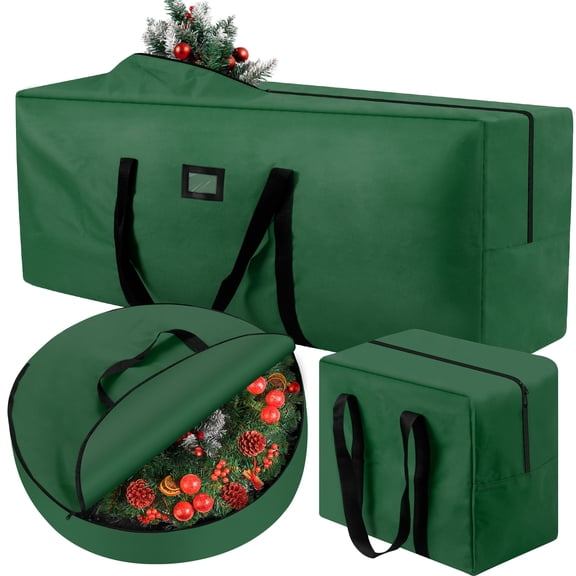 Yexmas 3 Pack Large Christmas Tree Storage Bag,Fits up to 7.5 ft Artificial Trees,Christmas Wreath Garland Storage Bag,Christmas Ornament Storage Box,Reinforced Handles & zipper,Green