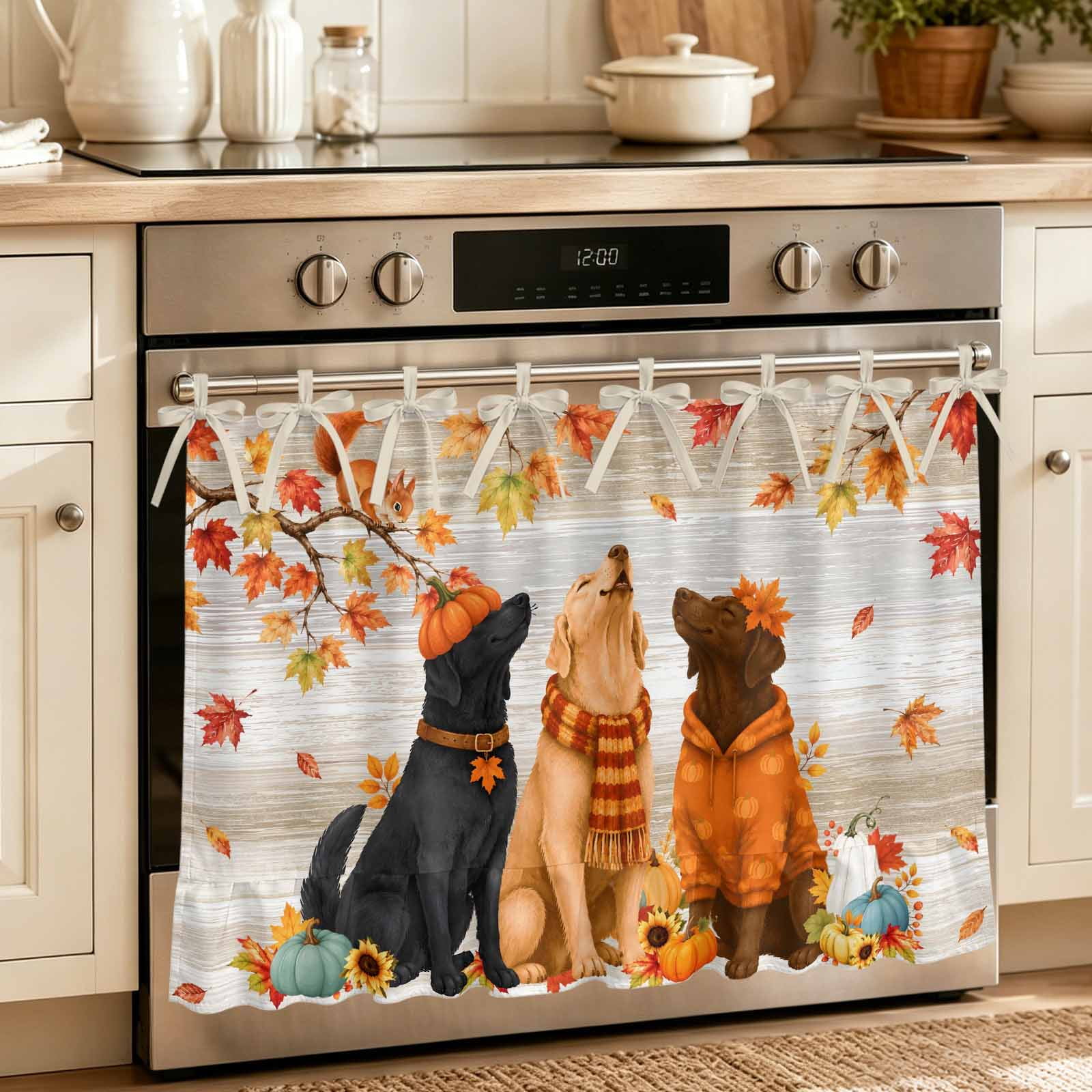 Oven Curtain for Kitchen Thanksgiving Dog Pumpkin Sunflower Stove Curtain With Ruffled Trim Dishwasher Curtains Fall Maple Leaf Squirrel Oven Skirt 30 x21.5