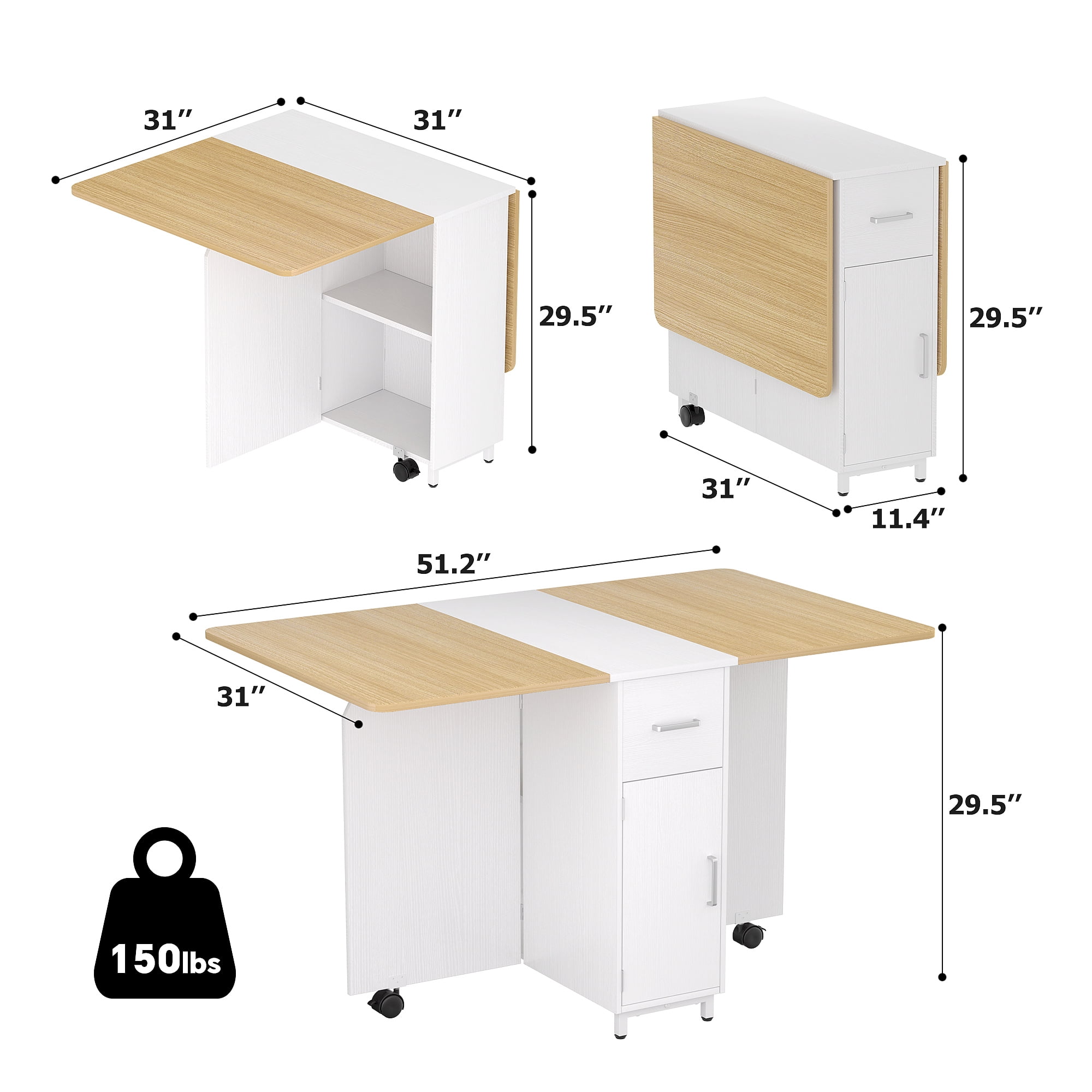 iSunirm Folding Dining Table with Storage, 51.2" Dining Table for 2-4 People, Wooden Dining Table with Under Cabinet, Desktop is Foldable., Portable Dining Table for Home, White & Nature