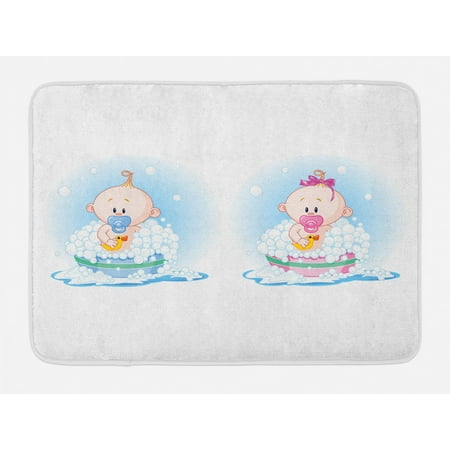 Gender Reveal Bath Mat, Cute Girl and Boy Babies in Bath with Bubbles Duck Toddler Picture Print, Non-Slip Plush Mat Bathroom Kitchen Laundry Room Decor, 29.5 X 17.5 Inches, Multicolor,
