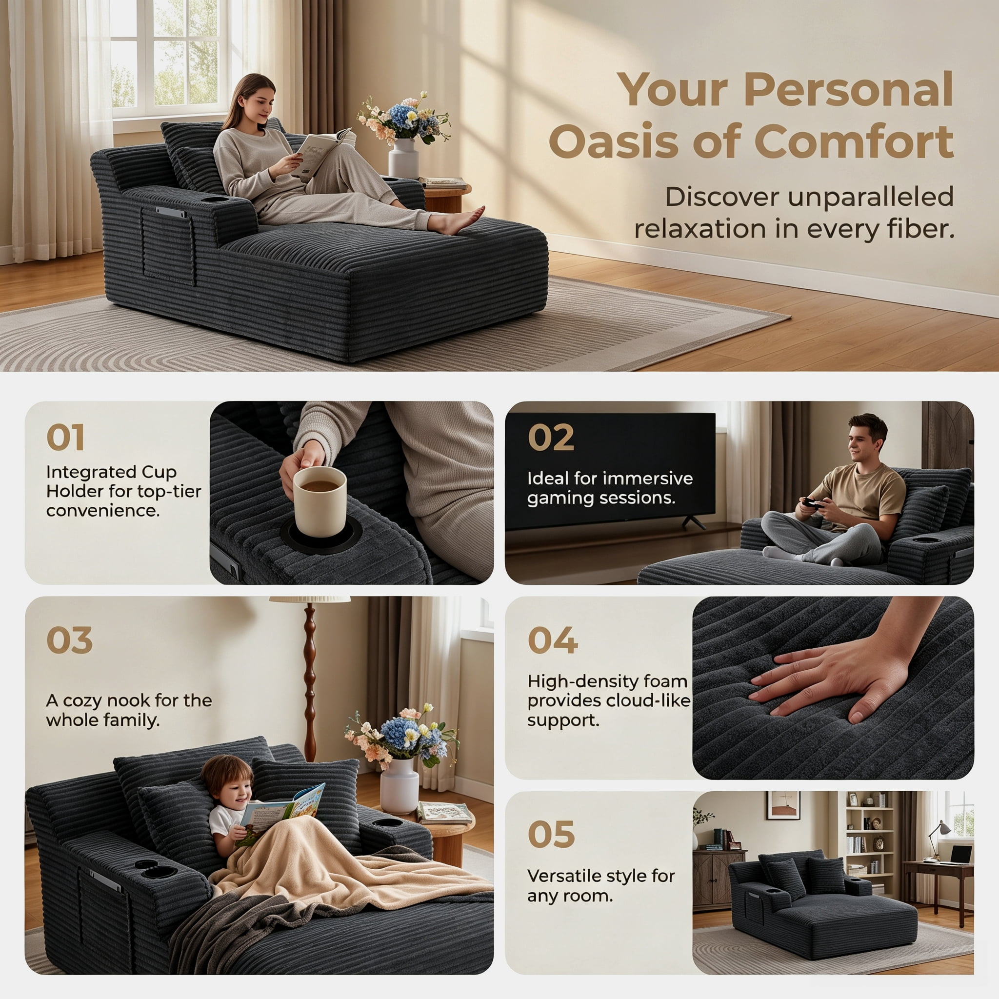 ShiKeyi 66'' Chaise Lounge Chair Indoor, Boneless Sofa Cloud, Plush Corduroy Chaise Couch with Cup Holders, Side Storage Pocket & Pillows, No Assembly Required, Black