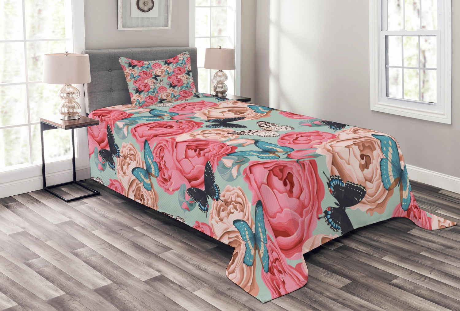 Butterfly Bedspread Set Twin Size, Peony Roses Butterflies Romantic Graphic Print Retro Style