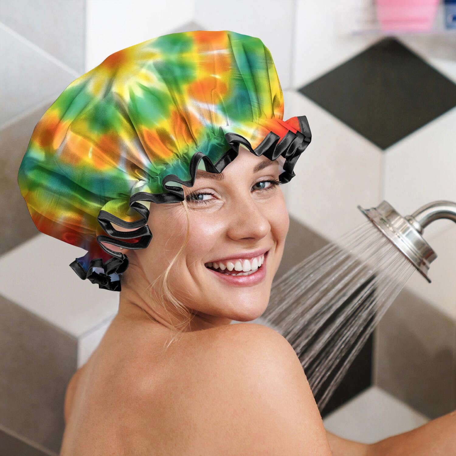Shower Caps,Colorful Rainbow Tie Dye Spiral Pattern Waterproof Shower Cap for Women 4 Pieces,Double Reusable Hair Cover for Shower PEVA Elastic Stretch Hem
