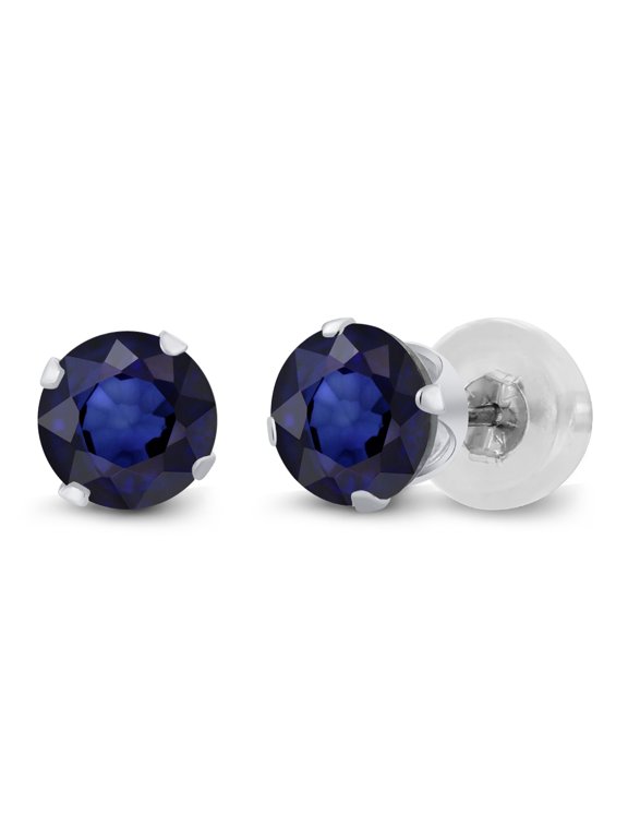 Gem Stone King 14K White Gold Blue Sapphire Stud Earrings for Women Men (1.20 Cttw, Gemstone Birthstone, Round 5MM)