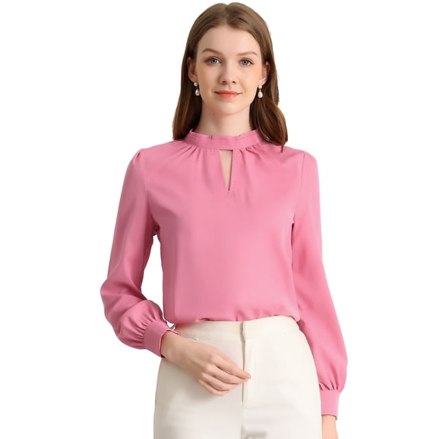 INSPIRE CHIC Women's Keyhole Stand Collar Pleated Back Button Blouse Tops