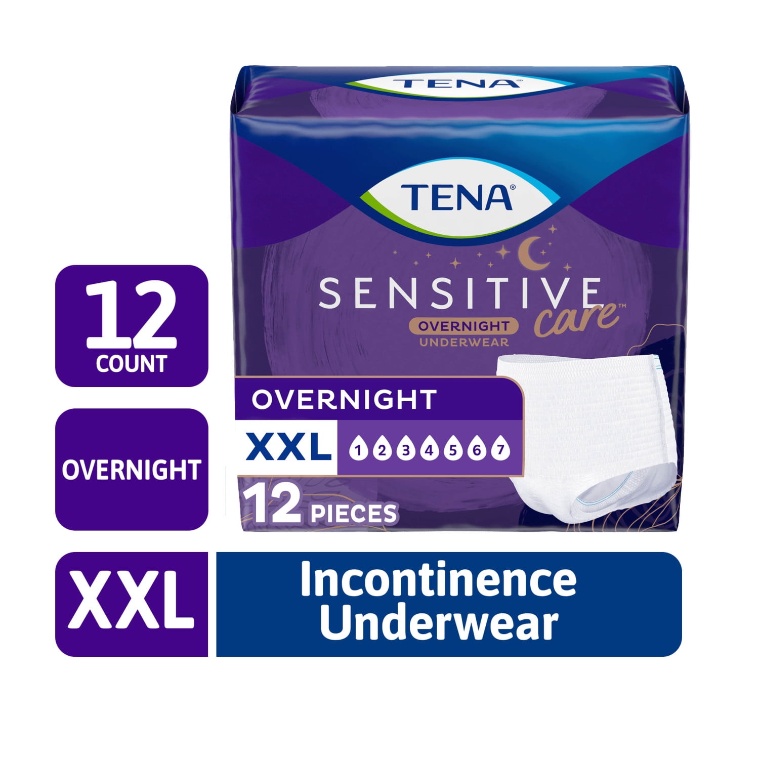 TENA Sensitive Care Overnight Incontinence Underwear, XXL (47-66in), 135ct