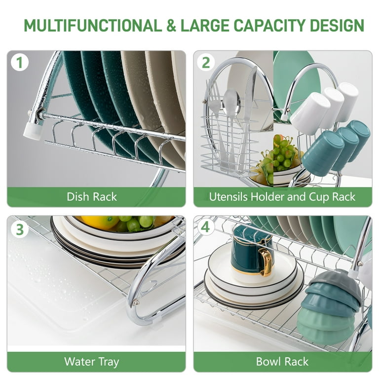 New England Stories 2 in 1 Kitchen Dish Drying Rack, 2-Tier Dish Rack for Kitchen Counter with Drainboard, Stainless Steel Large Capacity Dishrack, Multifunctional