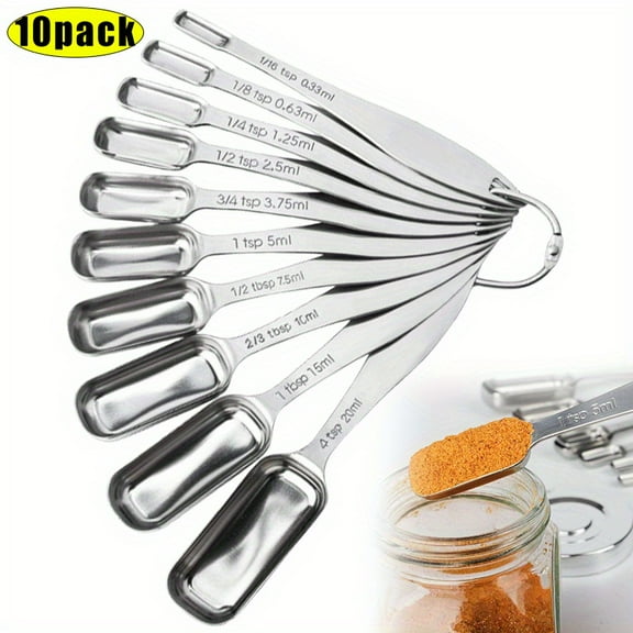 Stainless Steel Narrow Measuring Spoons, Heavy Duty Metal Measuring Spoons with Long Handle and Engraved Measurements Set of 10, For Dry or Liquid, Fits in Spice Jar
